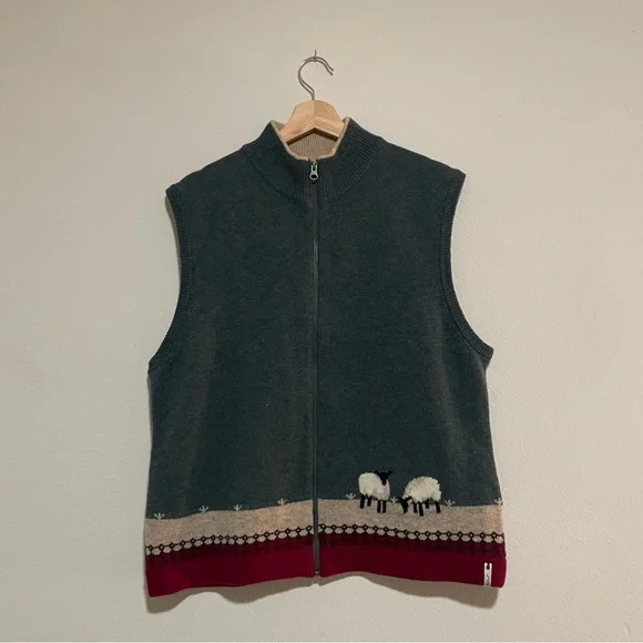 WOOLRICH Sweater Vest Wool White Sheep Green Red Full Zip, Size XL - Picture 2 of 6